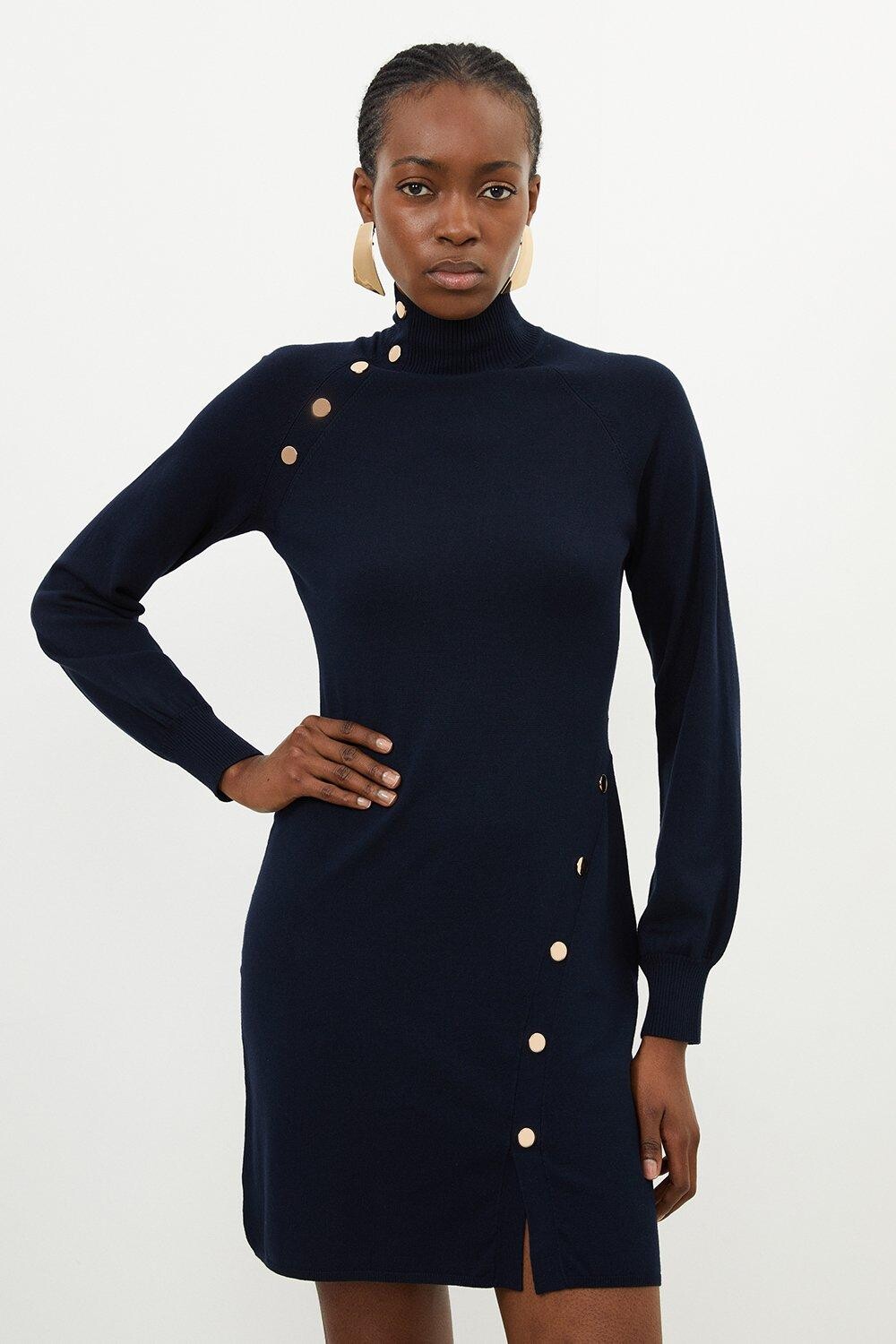 

Трикотажное мини-платье из смеси вискозы с попперами Karen Millen, темно-синий