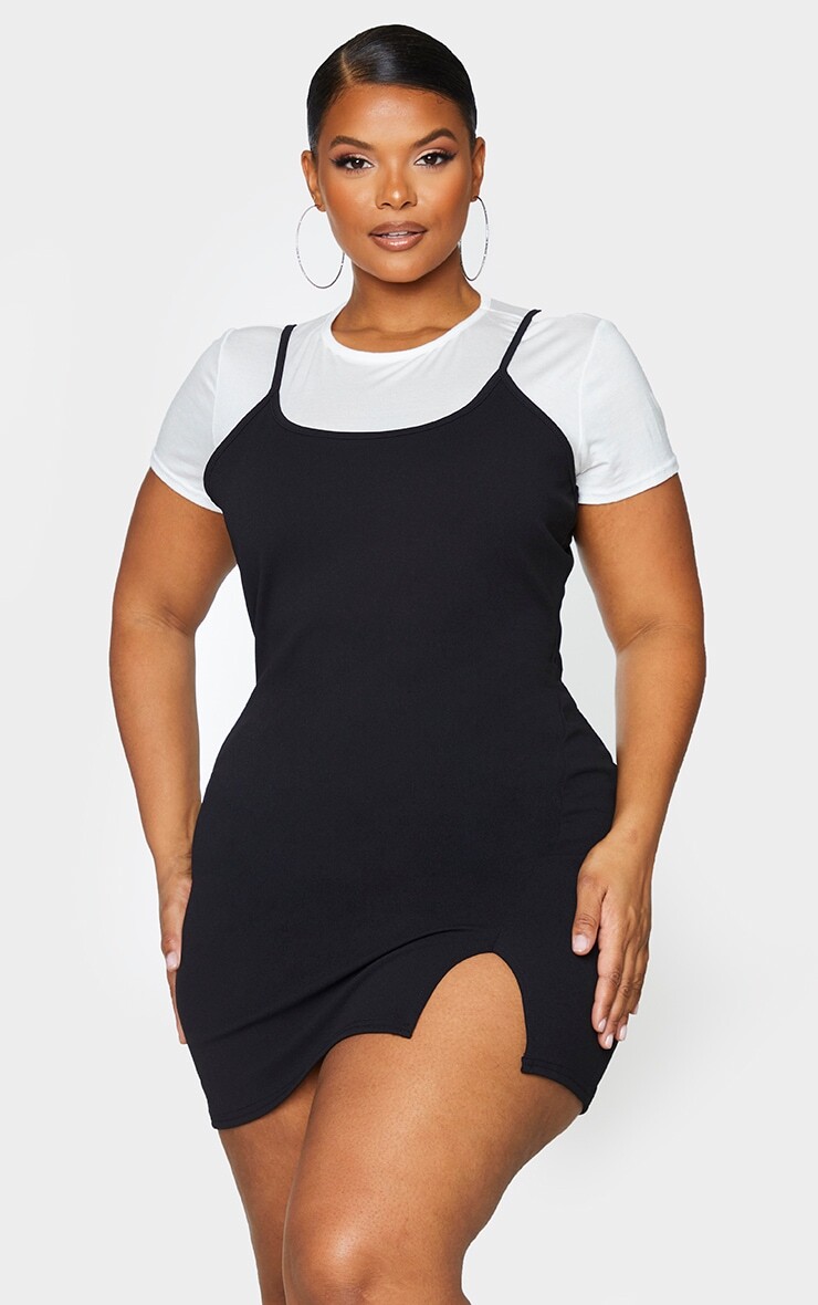 

PrettyLittleThing Плюс черное платье 2 в 1 с разрезом спереди и бретелями, Черный