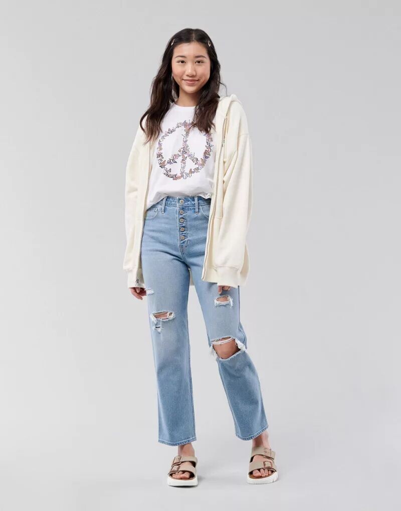 

Голубые джинсы прямого кроя с рваными краями Hollister