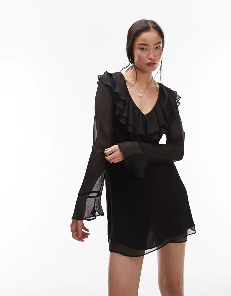 

Короткое вечернее платье Topshop черного цвета с рюшами и V-образным вырезом, Черный