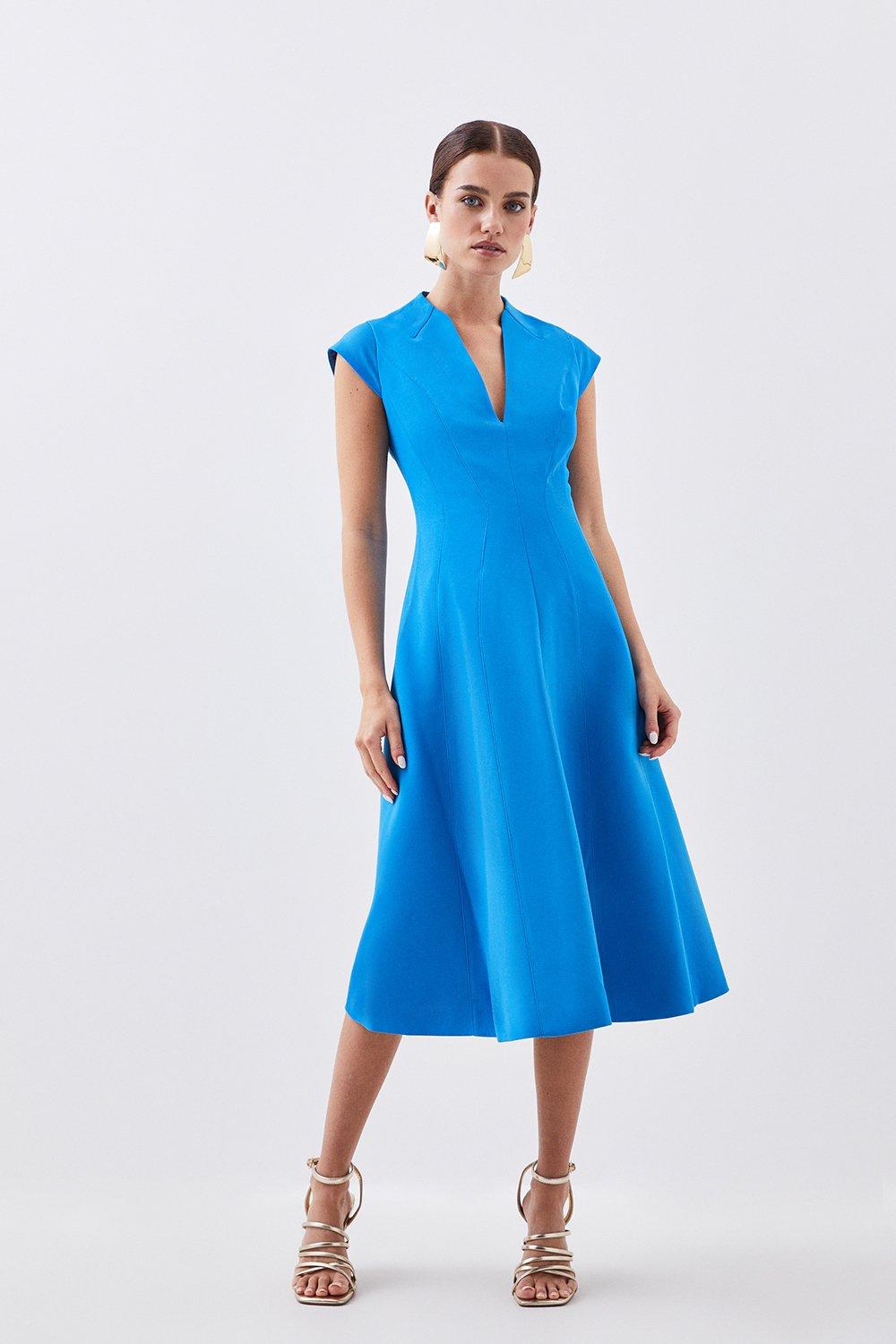 Миниатюрное платье миди с пышной юбкой и высокой горловиной со швами Karen Millen, синий