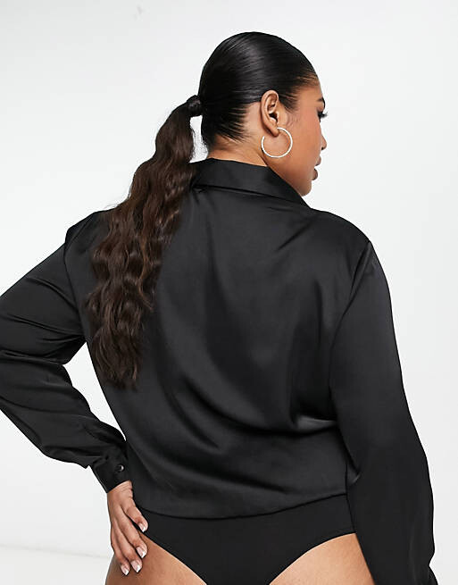 

Черное непринужденное атласное боди с длинными рукавами ASOS DESIGN Curve