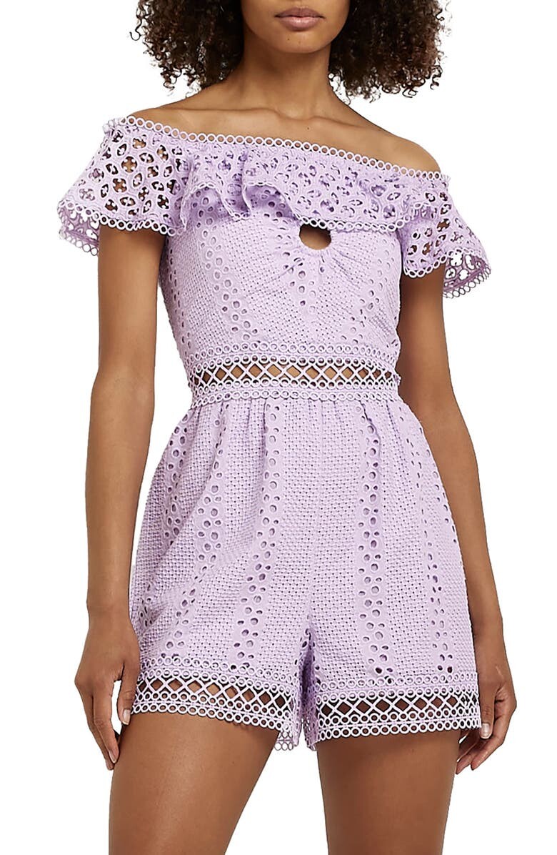 

Кружевной комбинезон с открытыми плечами и вышивкой Broderie RIVER ISLAND, фиолетовый