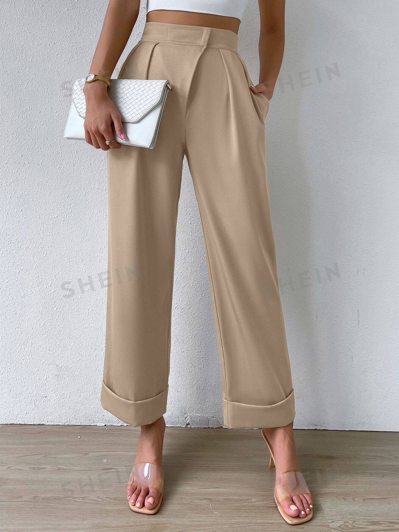 SHEIN Privé: женские длинные брюки со складками и карманами, абрикос