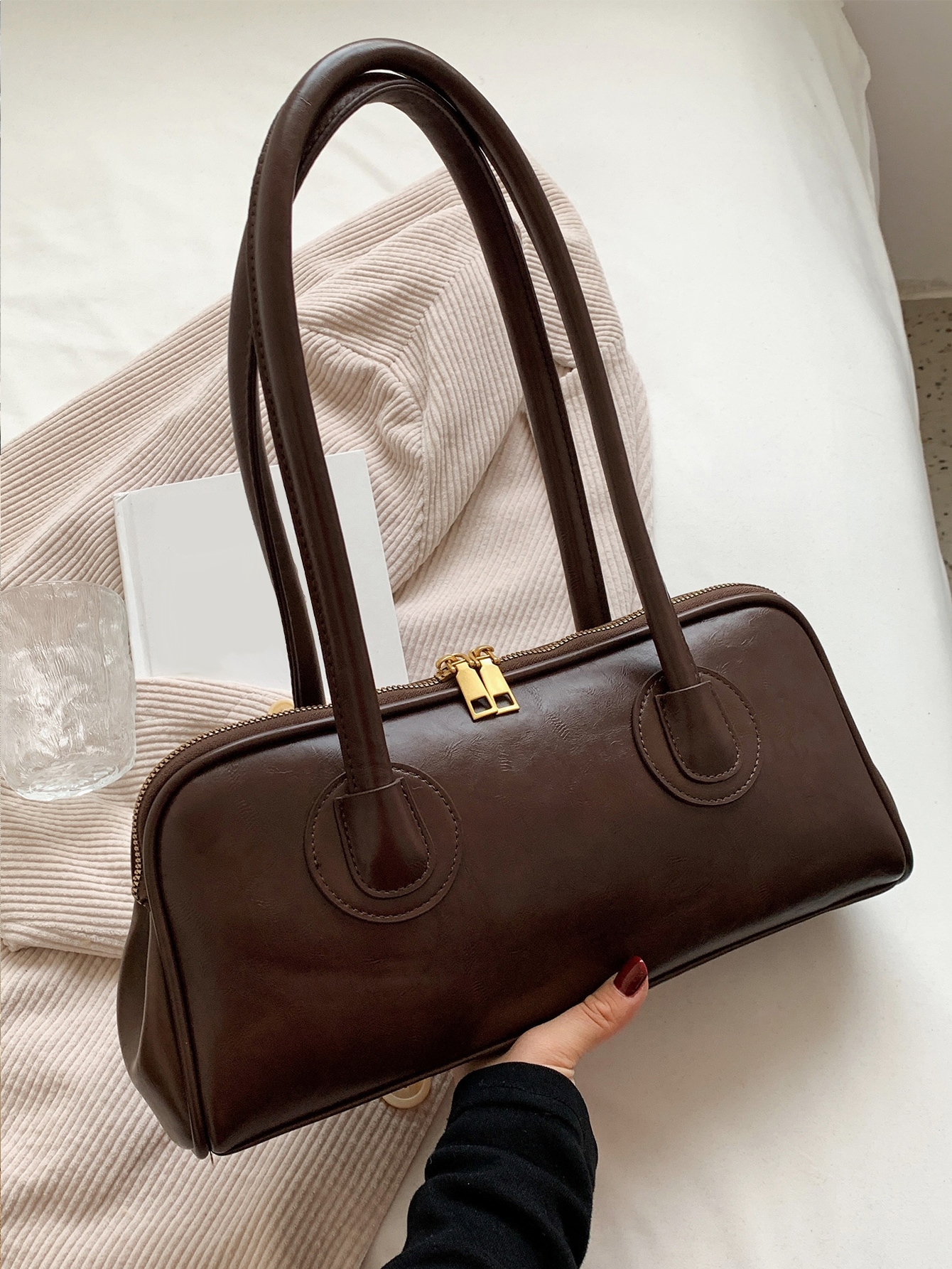 Минималистичная сумка-багет из искусственной кожи с двойной молнией, кофейный коричневый