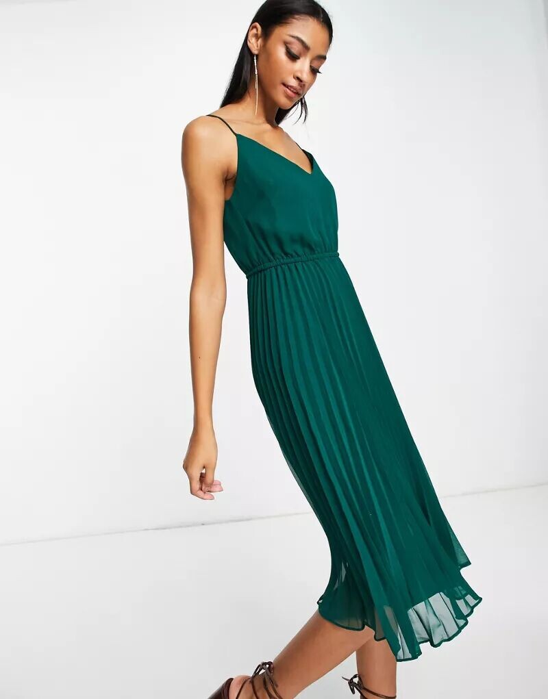 

Плиссированное платье миди с бретелями и кулиской на талии ASOS