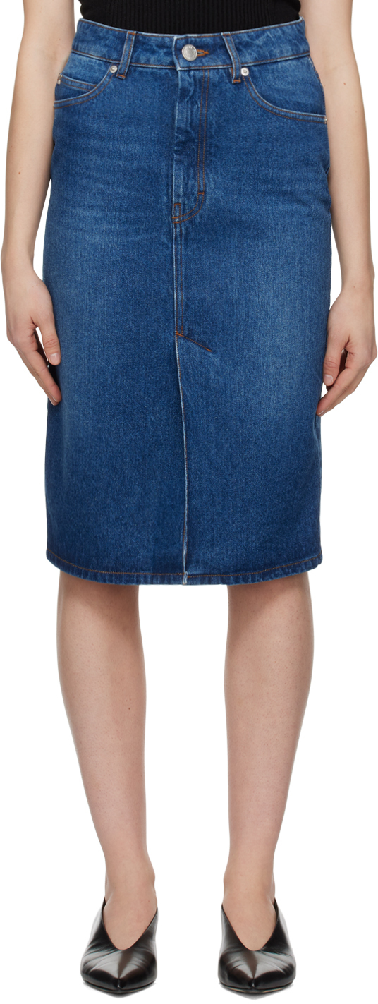 Синяя джинсовая юбка-миди с выцветшими узорами Ami Paris темно синяя джинсовая юбка миди isabel marant