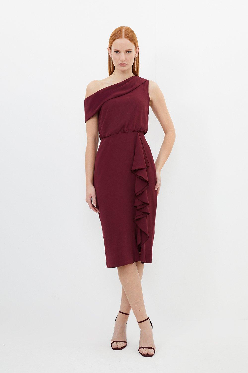 цена Платье миди из крепа премиум-класса с асимметричным вырезом и драпировкой Karen Millen, красный