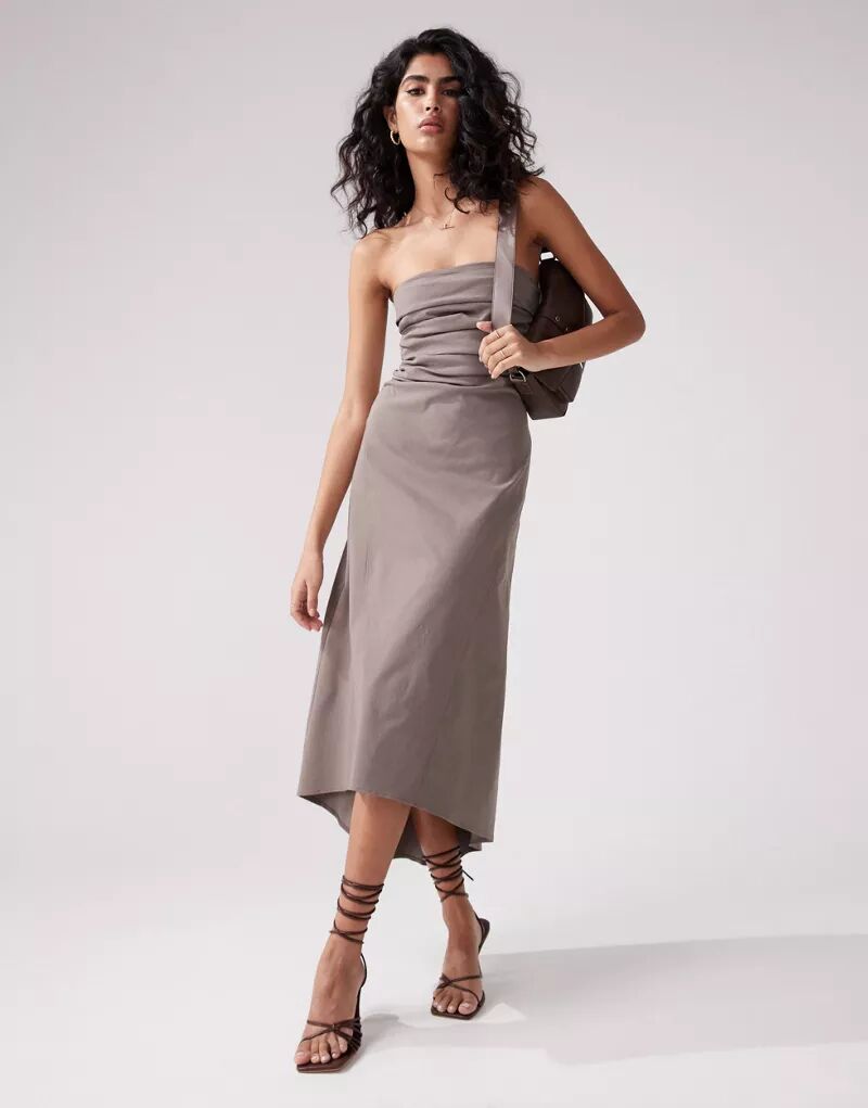 Серо-коричневое платье без бретелек длиной до колена ASOS