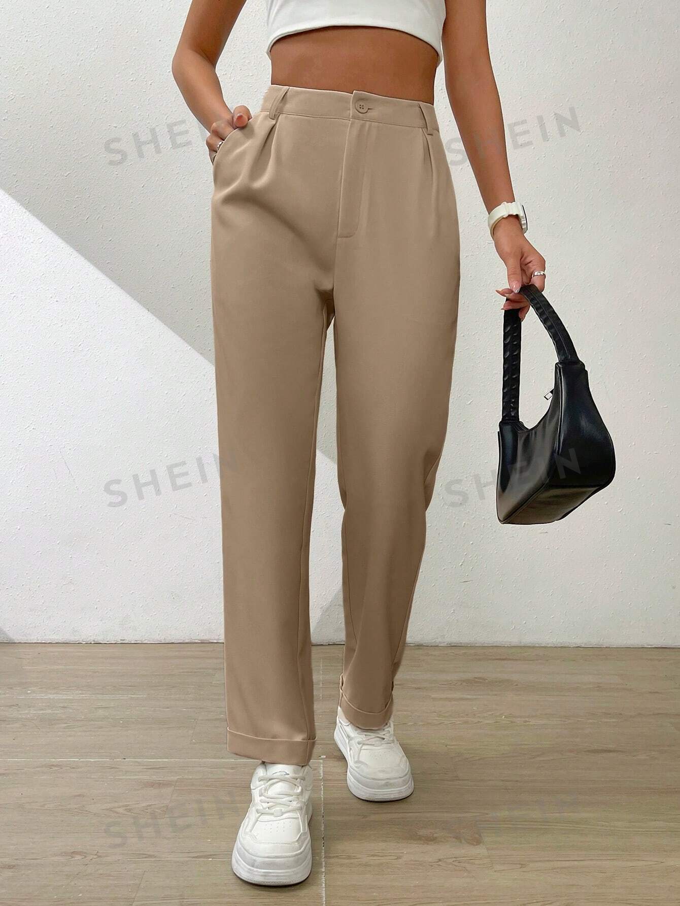 shein essnce однотонные широкие брюки со складками и наклонными карманами коричневый SHEIN Essnce Однотонные широкие брюки со складками и наклонными карманами, хаки