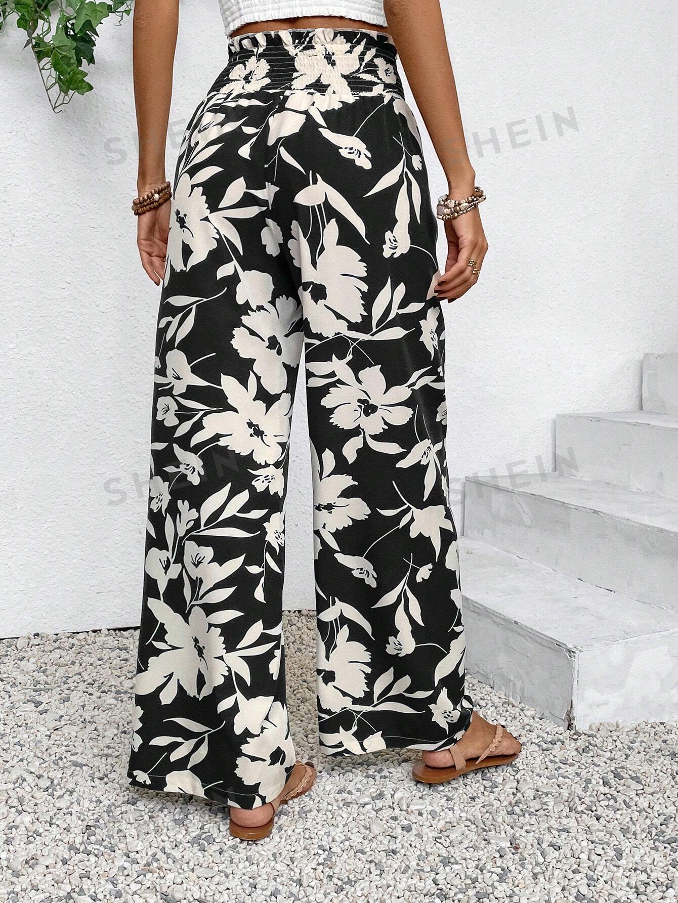 SHEIN VCAY Широкие брюки с высокой талией и цветочным принтом, черный капри женские летние узкие эластичные брюки до щиколотки повседневные брюки карандаш с цветочным принтом и высокой талией