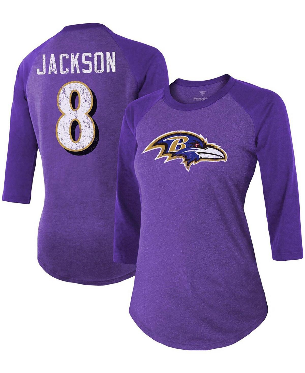 

Женская футболка Lamar Jackson Purple Baltimore Ravens Team с именем игрока и номером, футболка Tri-Blend реглан с рукавами 3/4 Fanatics