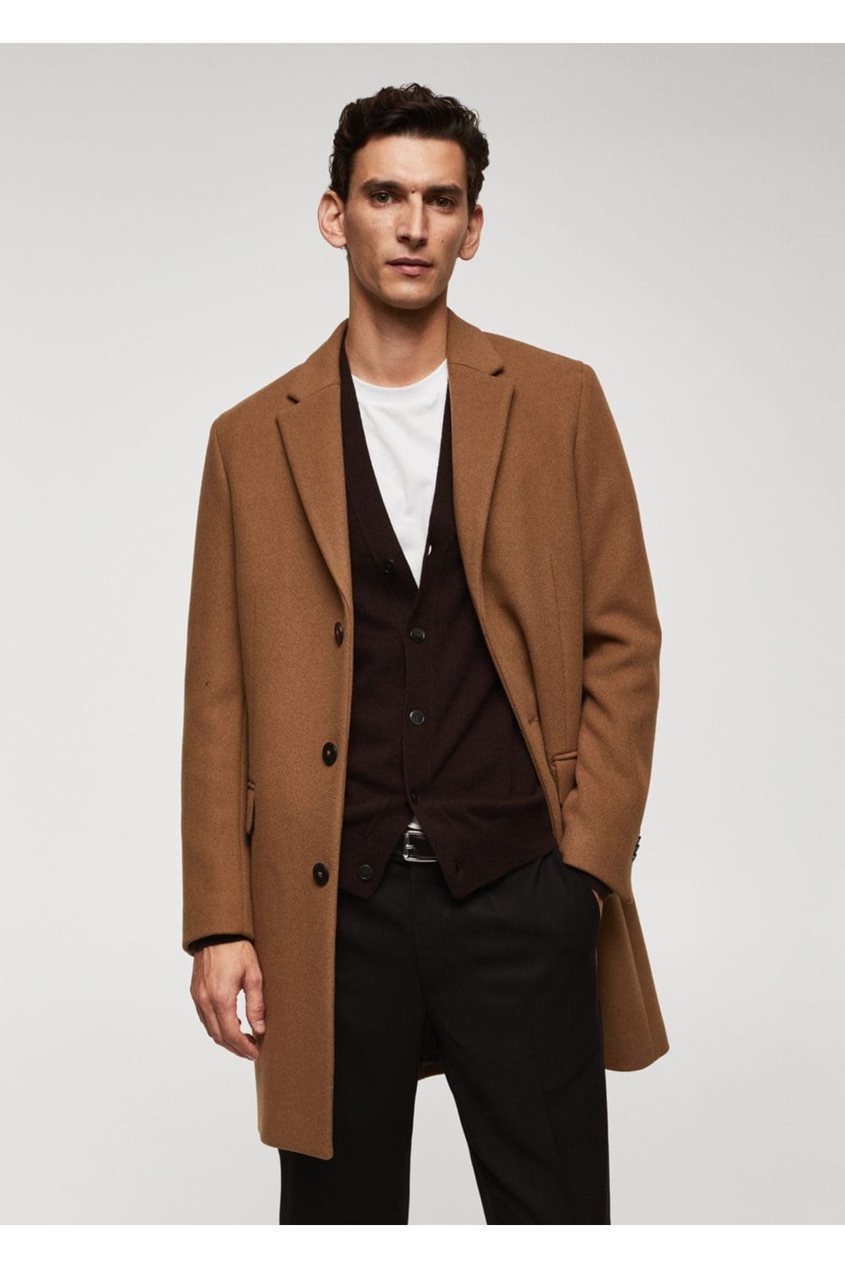 Длинное пальто из переработанной шерсти Mango, коричневый