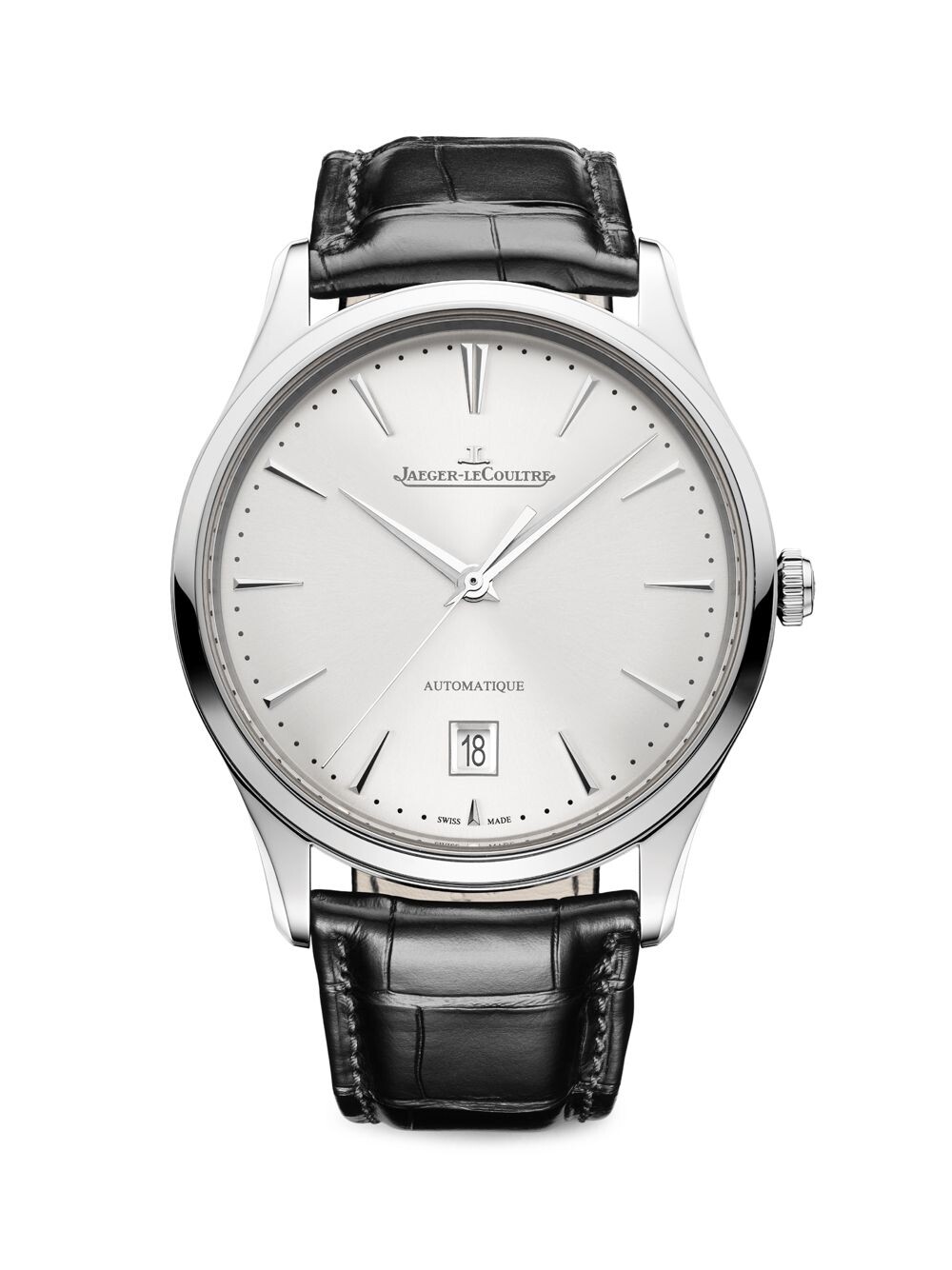 

Ультратонкие часы Master из нержавеющей стали и кожи с датой Jaeger-LeCoultre, черный