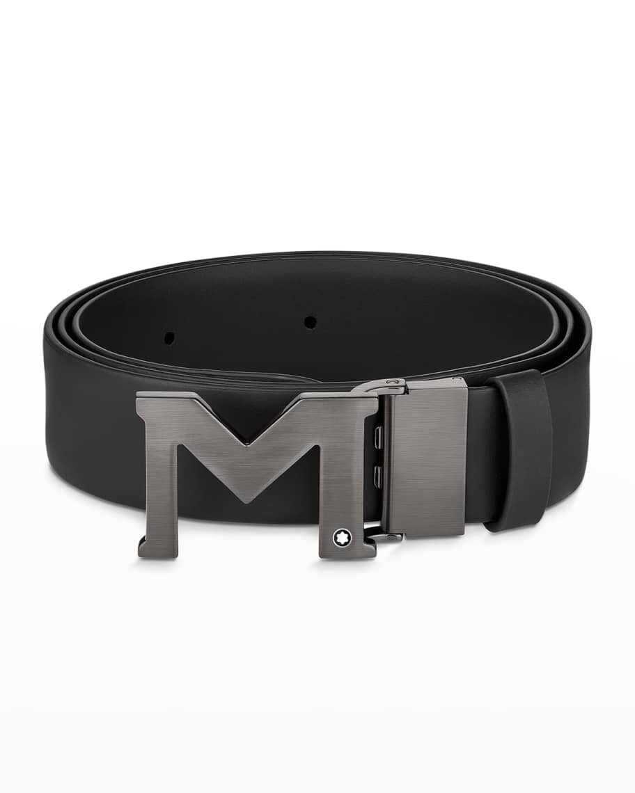 

Мужской черный кожаный ремень с пряжкой М Montblanc