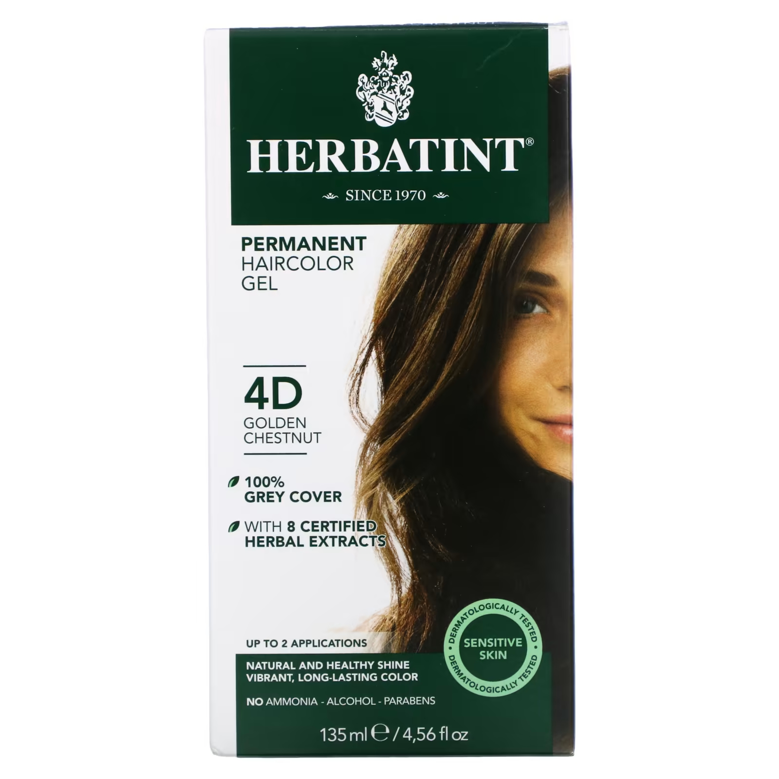 Перманентная гель-краска для волос Herbatint 4D золотой каштан, 135 мл