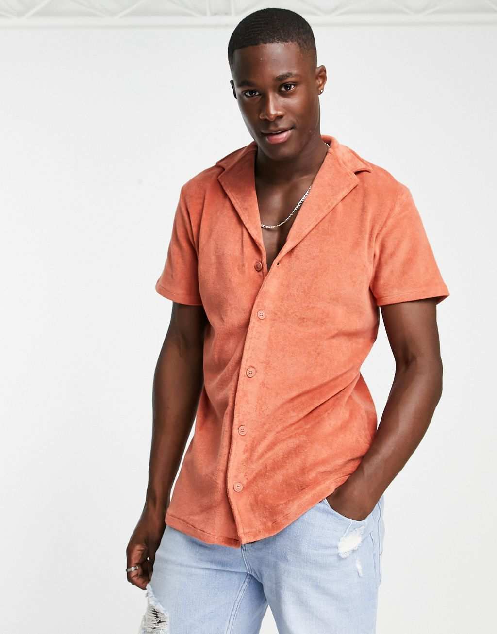 Оранжевая рубашка с короткими рукавами и воротником-стойкой New Look