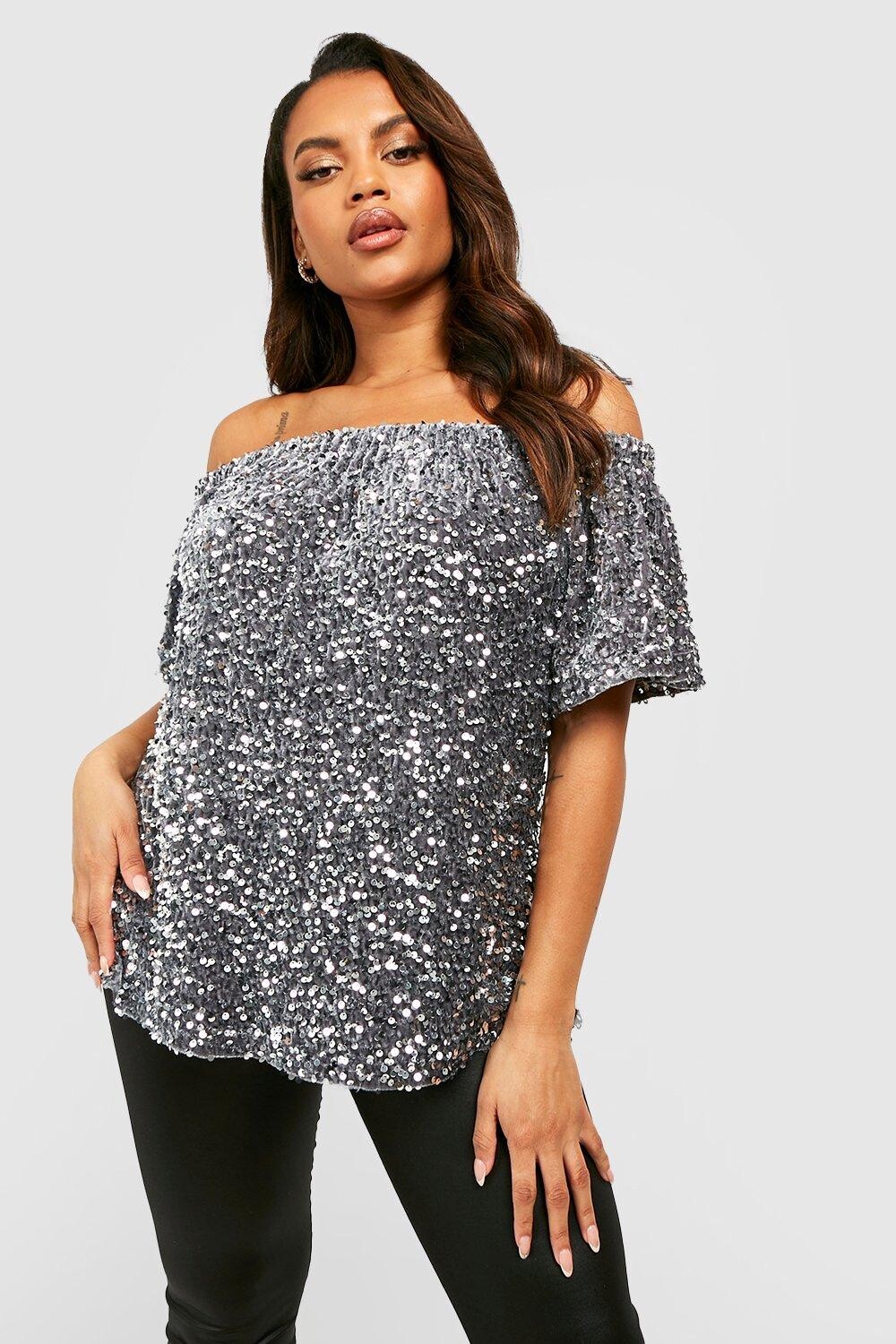 

топ с открытыми плечами и пайетками Boohoo, серебряный