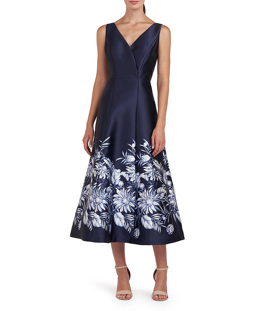 Платье миди без рукавов Kay Unger Mikado с цветочным принтом и V-образным вырезом, синий