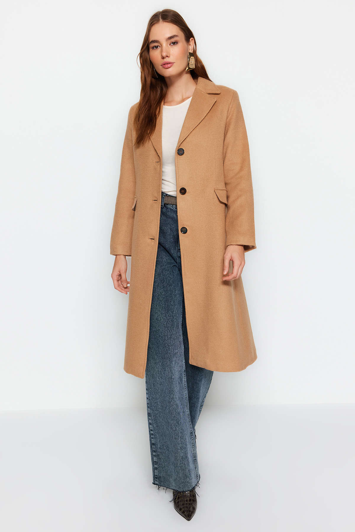 Пальто Trendyol оверсайз шерстяное кашемировое, бежевый пальто sasch шерстяное 44 размер