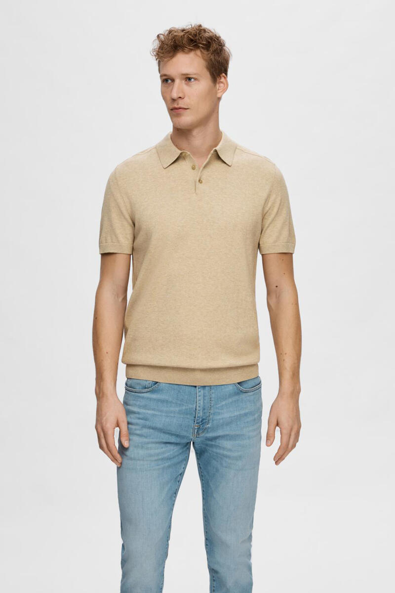 Трикотажная рубашка-поло с короткими рукавами из 100% хлопка Selected, бежевый цена и фото