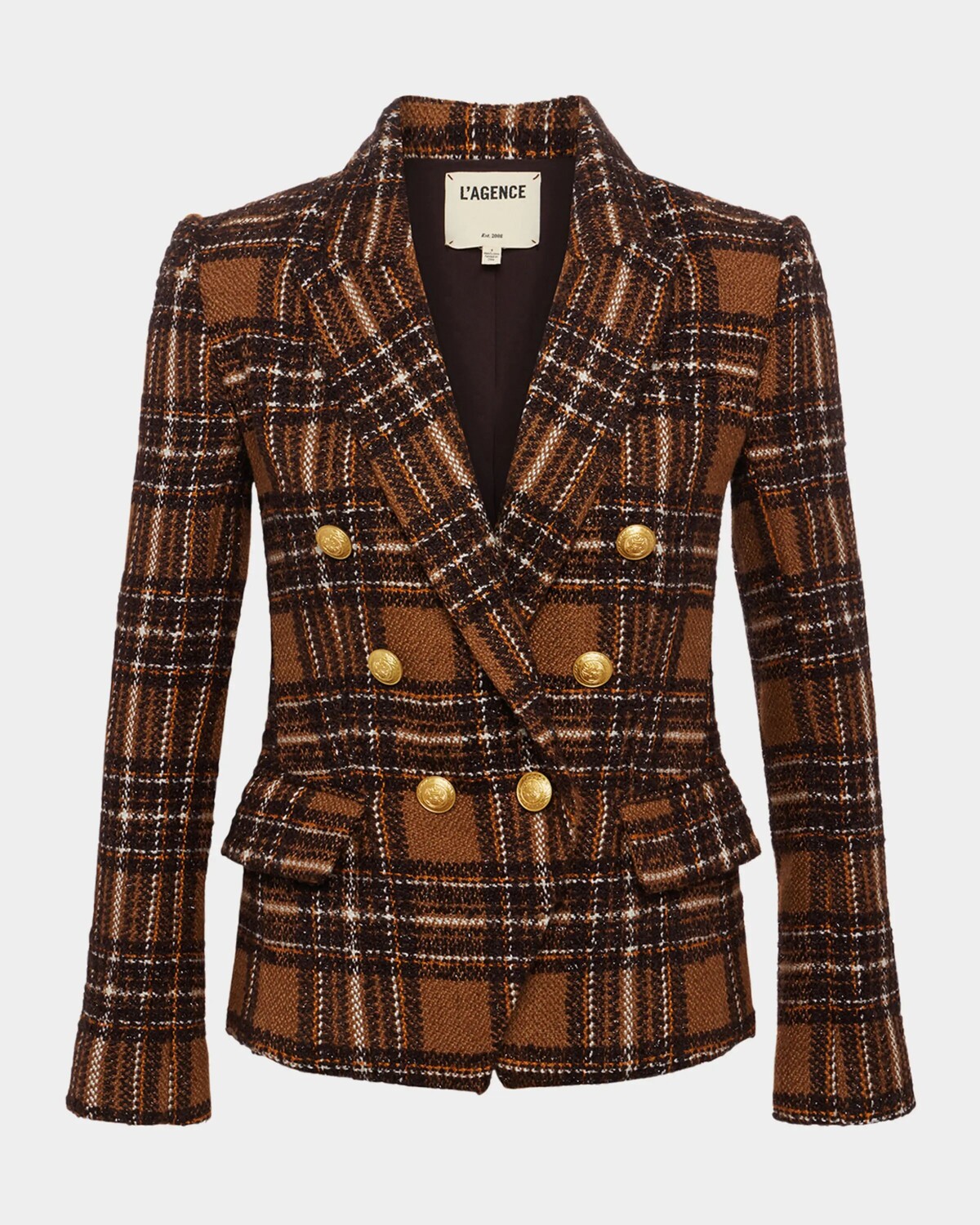 

Kenzie Твидовый двубортный пиджак в клетку L'Agence, цвет Brownyellow Plaid