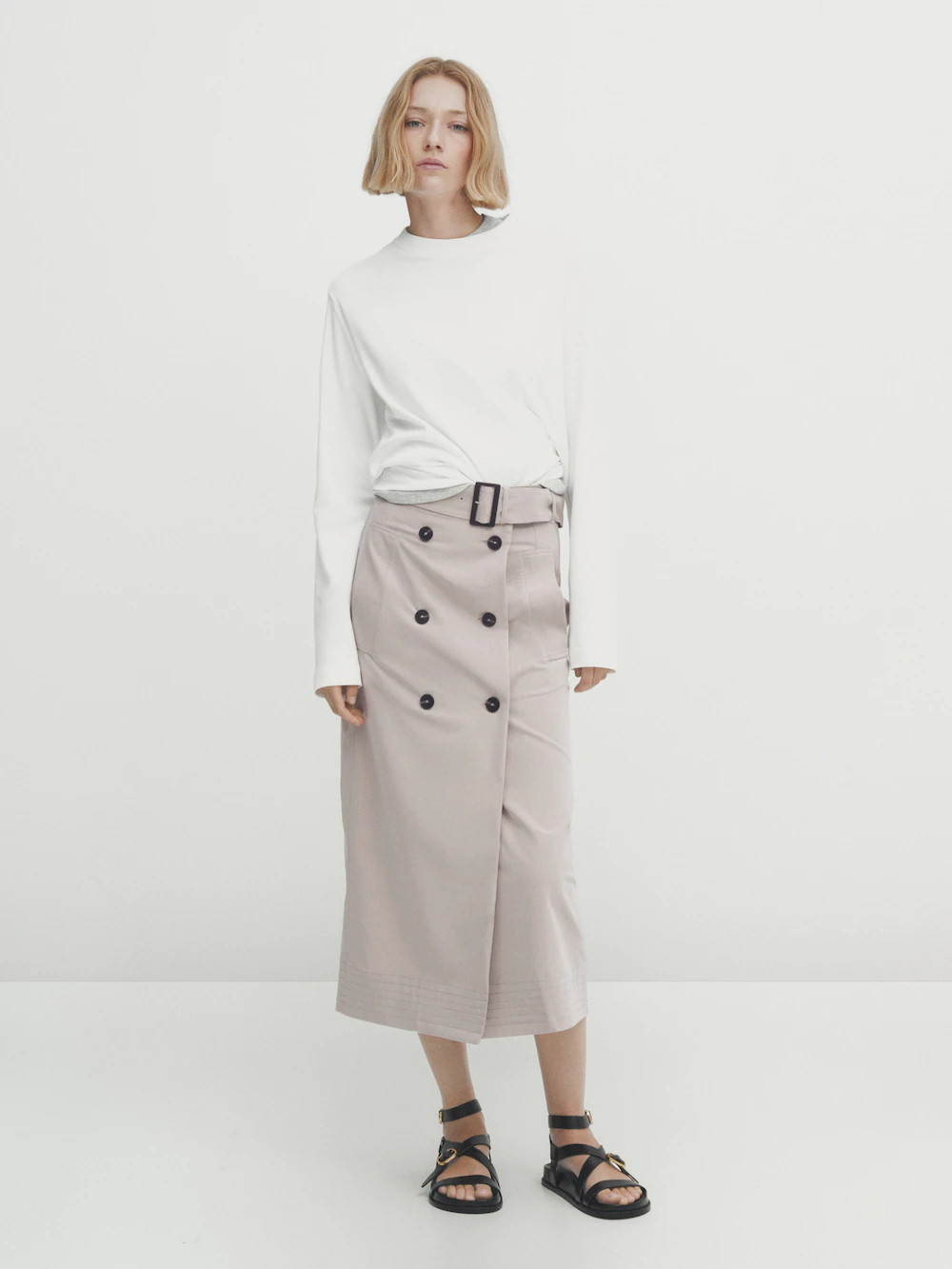 

Юбка Massimo Dutti Belted Double-buttoned Midi, бежевый