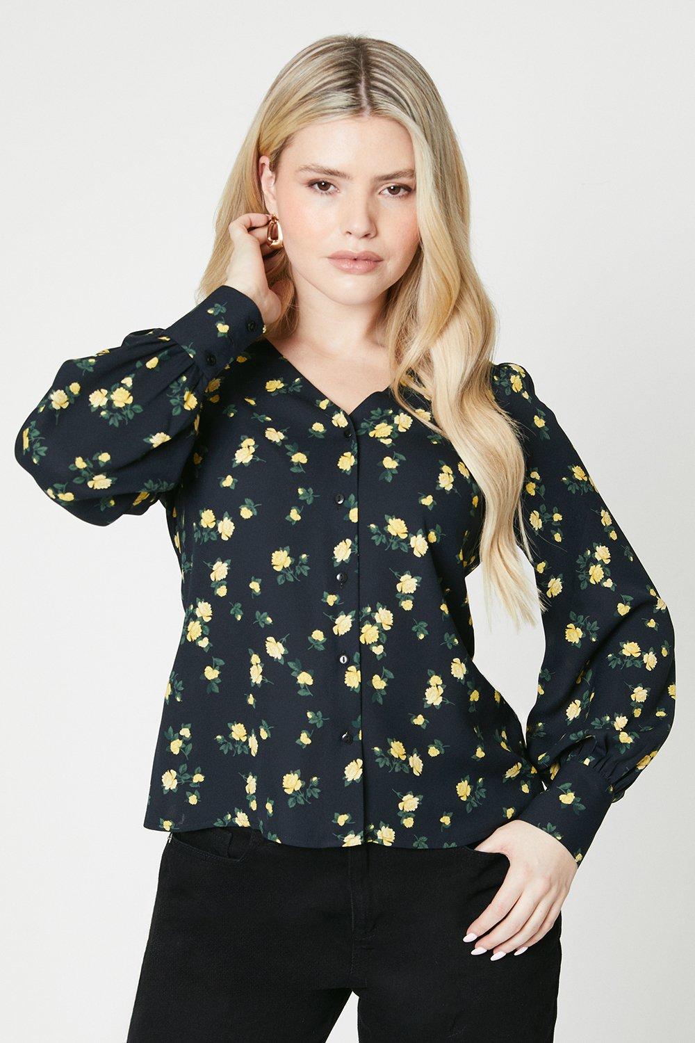 Блузка с V-образным вырезом и цветочным принтом на пуговицах Dorothy Perkins, мультиколор блузка с цветочным принтом и v образным вырезом xs зеленый