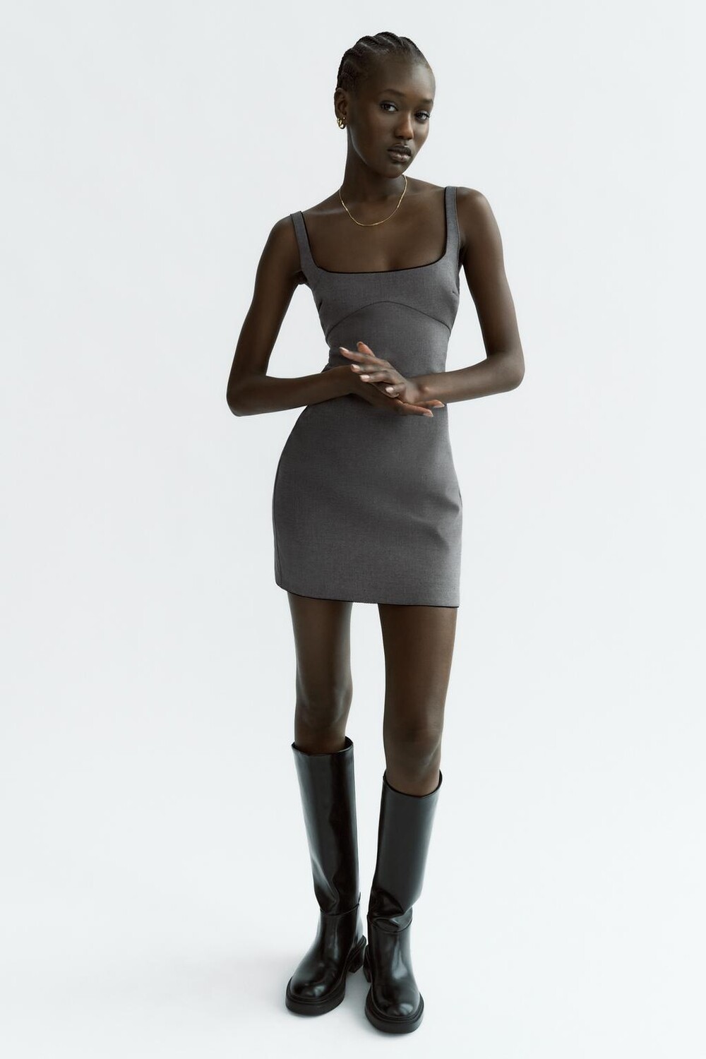 

Короткое платье с кружевной отделкой ZARA, серый