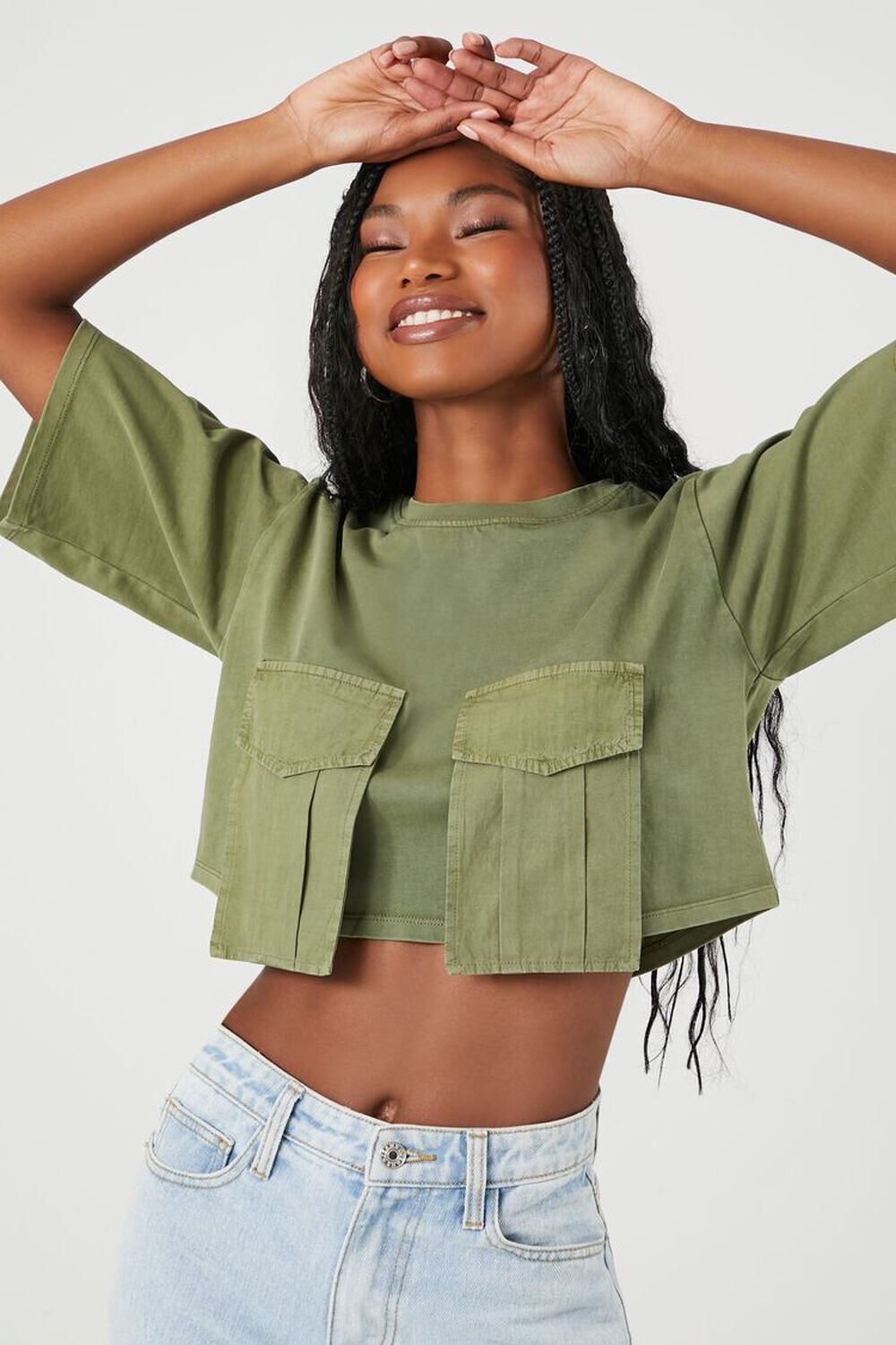 

Укороченная футболка с карманами-карго Forever 21, оливковый, Зеленый