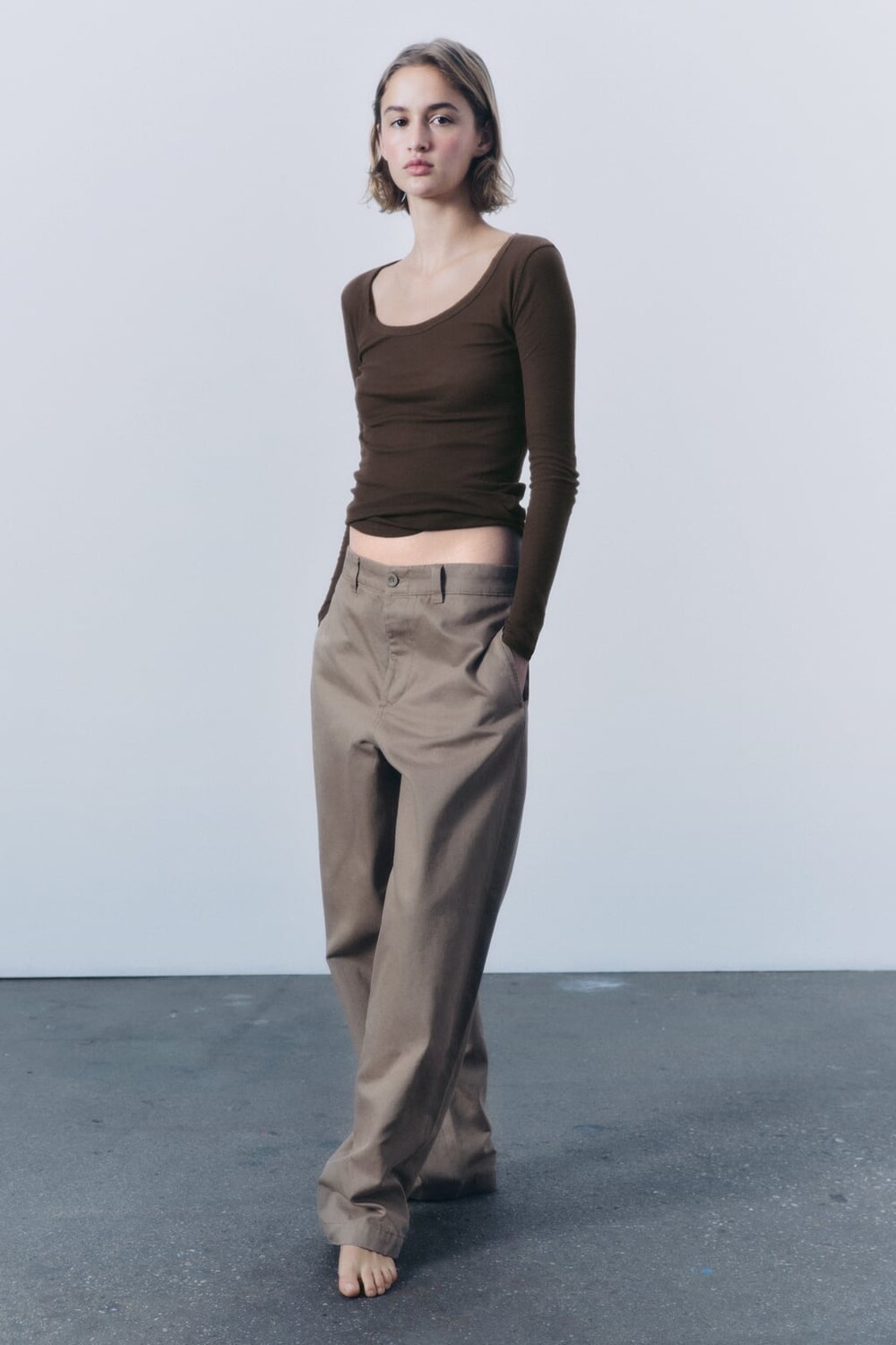

Хлопковая футболка в рубчик ZARA, коричневый