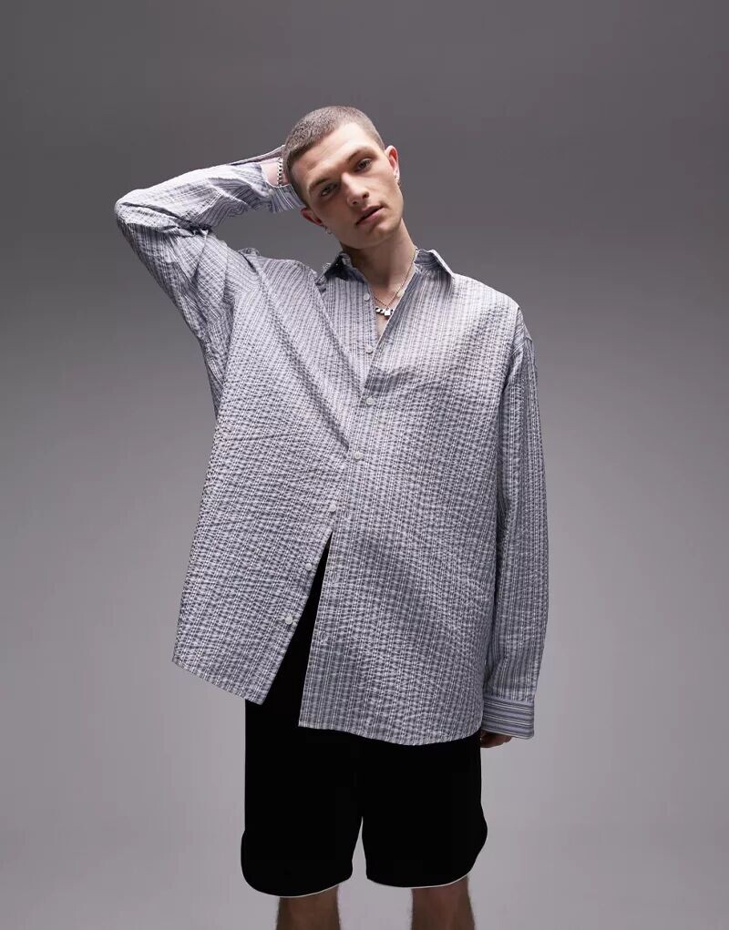 

Синяя структурированная рубашка оверсайз с длинными рукавами Topman