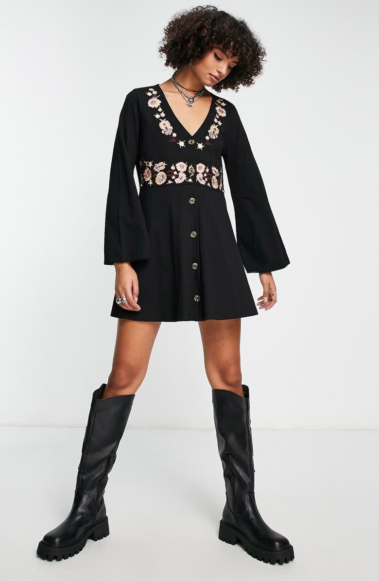 

Хлопковое мини-платье с длинными рукавами и вышивкой ASOS DESIGN, черный