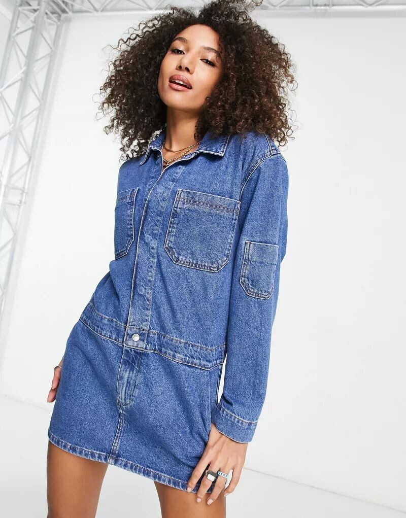 

Синее укороченное джинсовое платье карго ASOS, Синий