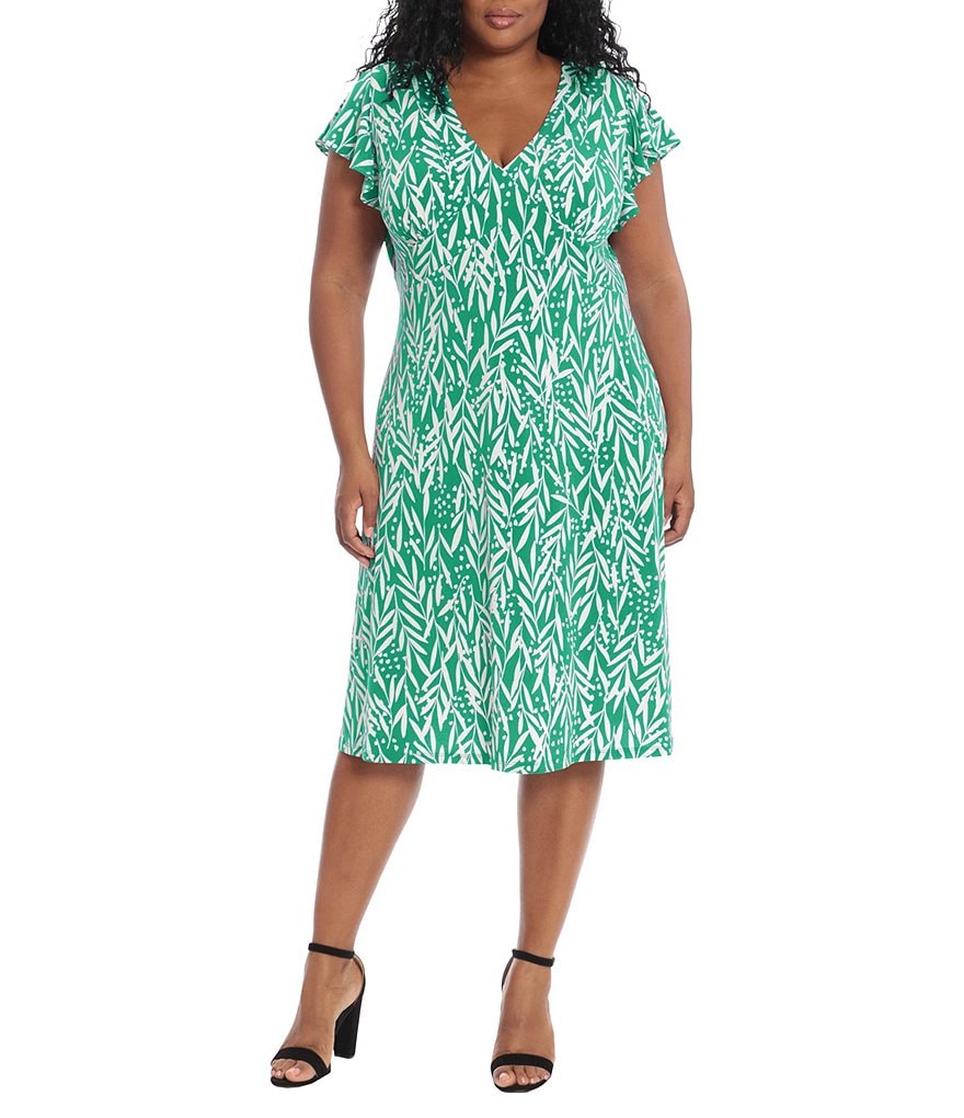Платье-миди London Times размера плюс с принтом папоротника в горошек, матовое трикотажное платье с v-образным вырезом и короткими рукавами, можно стирать в машине, зеленый