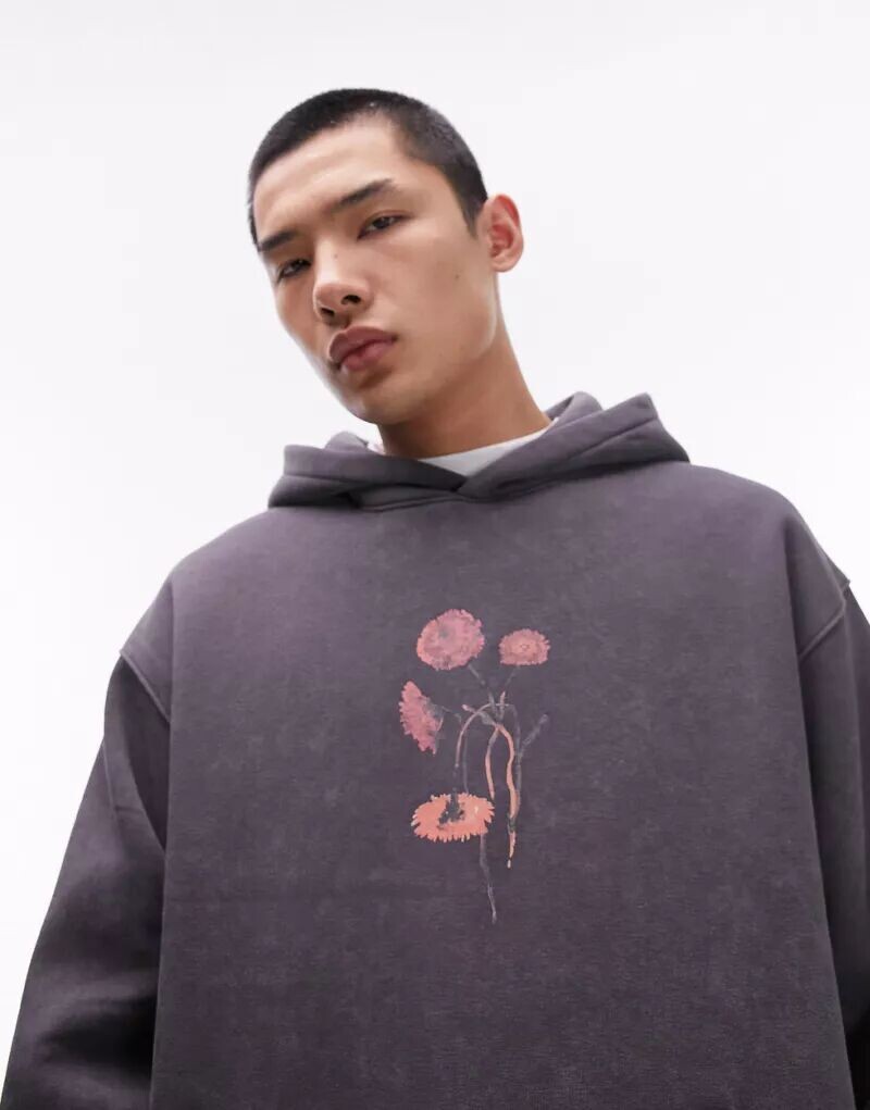 

Темно-угольная толстовка оверсайз Topman с цветочным принтом спереди и сзади