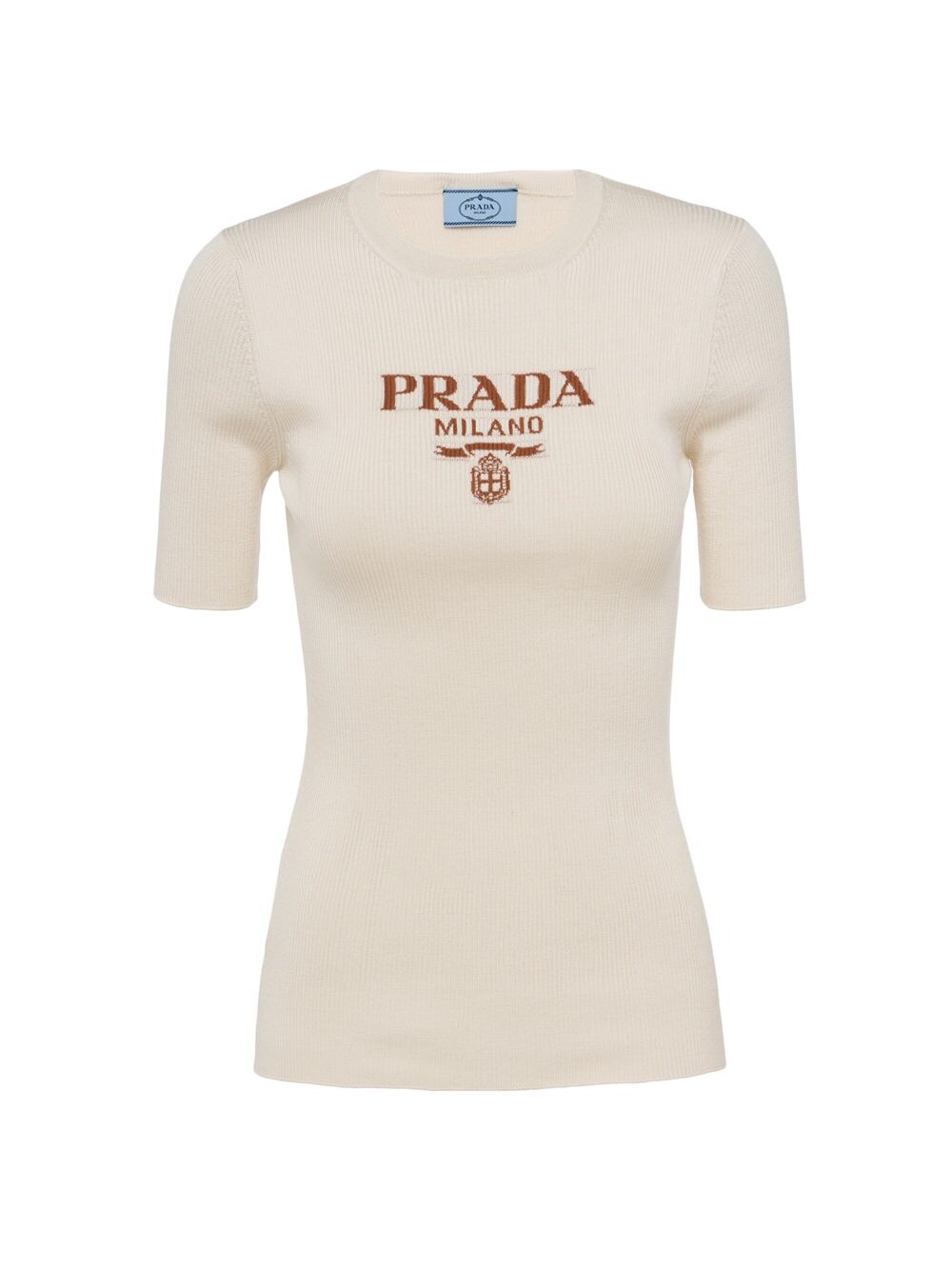 

Шелковый свитер с круглым вырезом и логотипом Prada, бежевый