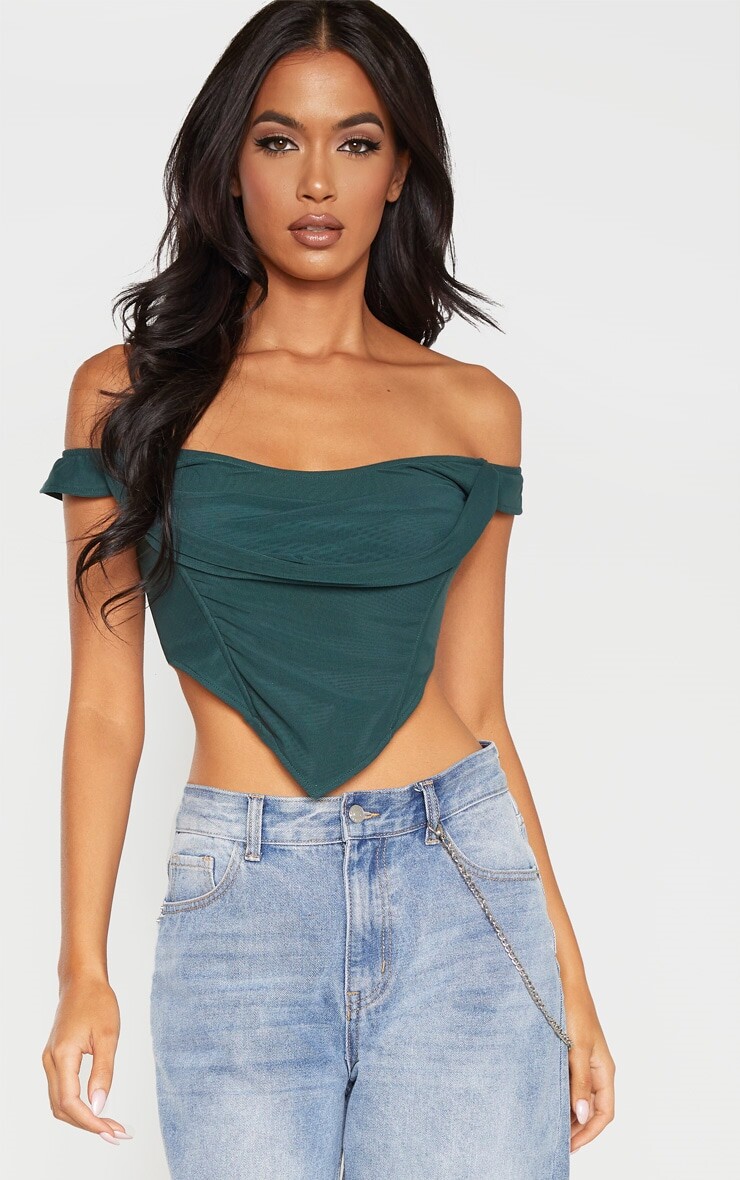 

PrettyLittleThing Темно-зеленый корсетный сетчатый топ с открытыми плечами