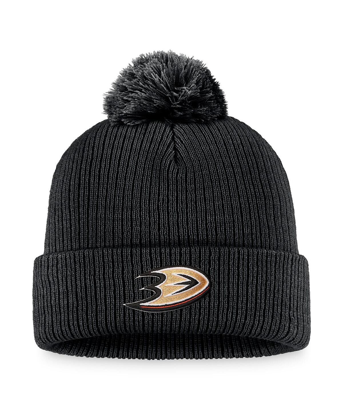

Мужская черная вязаная шапка с логотипом Anaheim Ducks Core Primary, манжетами и помпоном Fanatics