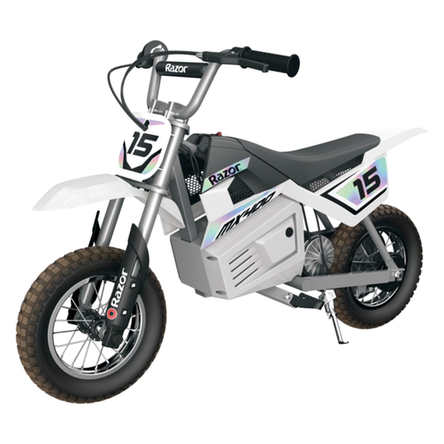 цена Razor MX400 Dirt Rocket 24V Электрический игрушечный мотоцикл для мотокросса, мотоцикл для бездорожья, белый Razor