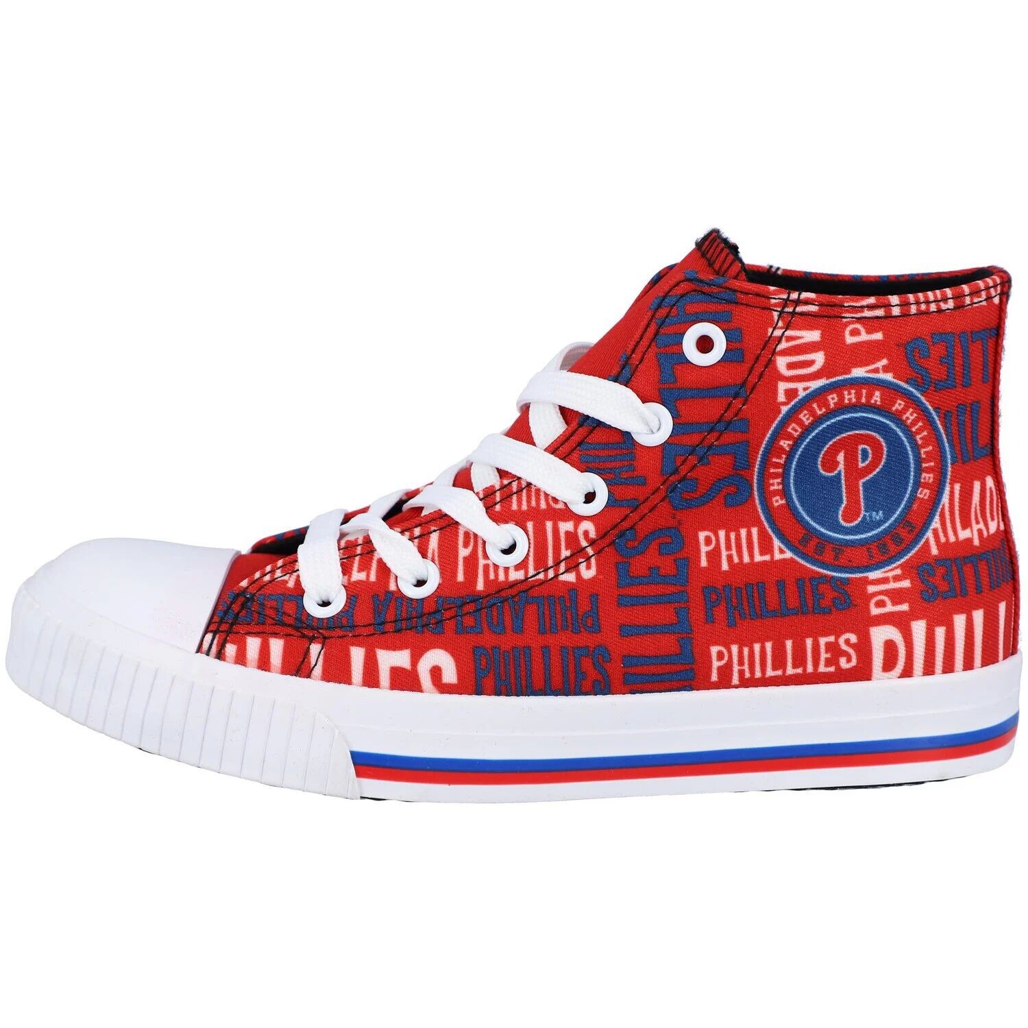 

Молодежные высокие кроссовки из плотной ткани FOCO Red Philadelphia Phillies с повторяющимся текстом Unbranded
