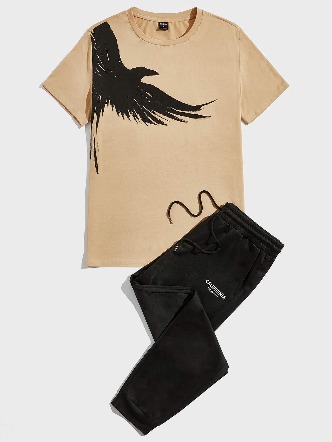 Мужской вязаный комплект из топа и брюк с короткими рукавами Manfinity Homme с принтом птиц, хаки