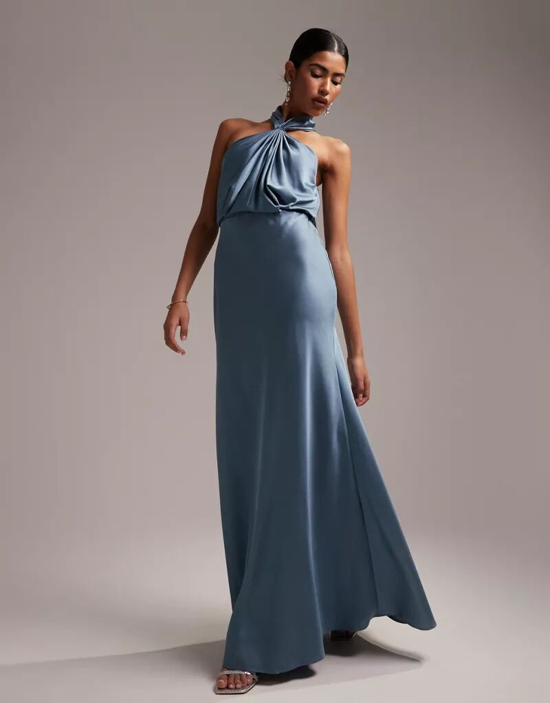 Темно-синее атласное платье макси со сборками и воротником-бретелькой ASOS Bridesmaid лимонное атласное платье макси со сборками и воротником бретелькой asos design bridesmaid curve
