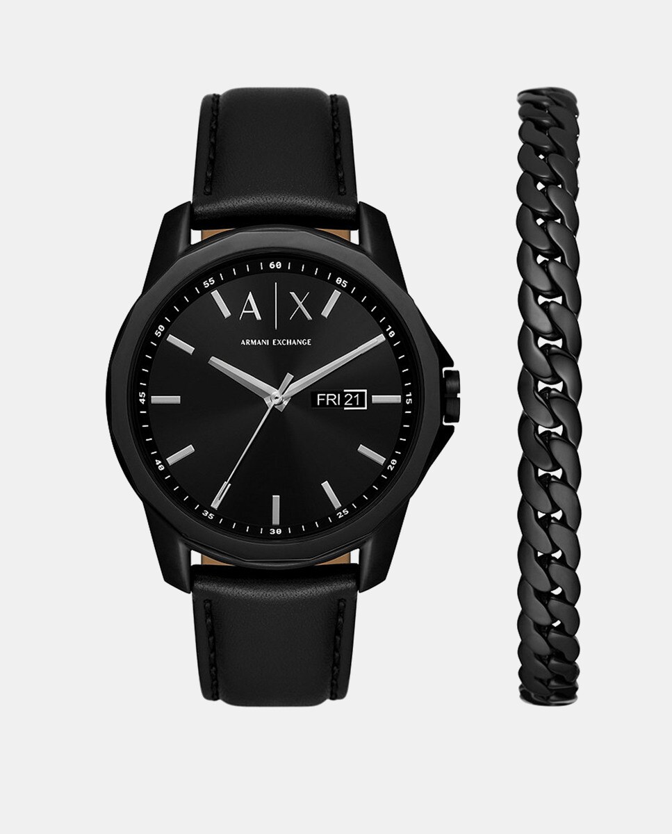 Комплект мужских черных кожаных часов и браслета AX7147SET Armani Exchange, черный