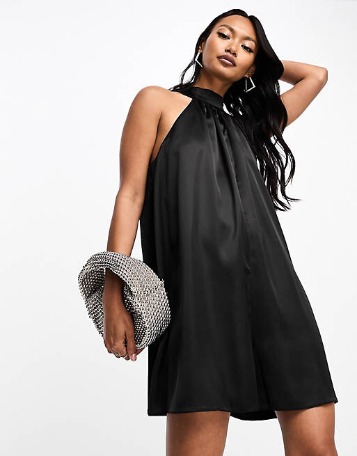 

Черный атласный комбинезон с высоким воротником ASOS DESIGN