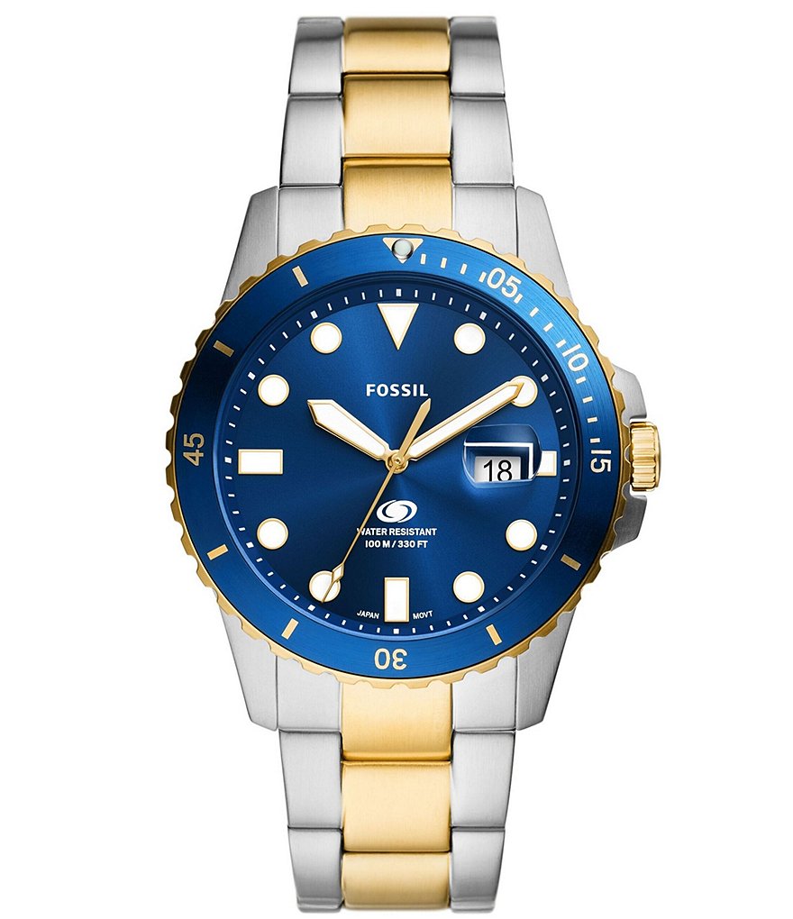 

Мужские часы Fossil Blue Dive с тремя стрелками и датой, двухцветный браслет из нержавеющей стали, мультиколор