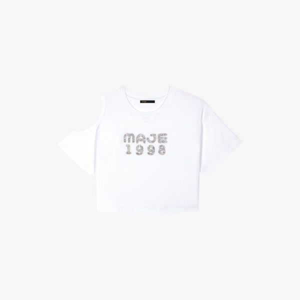 цена Хлопковая футболка на плечах с вырезом и декором Maje 1998 Maje, цвет blanc