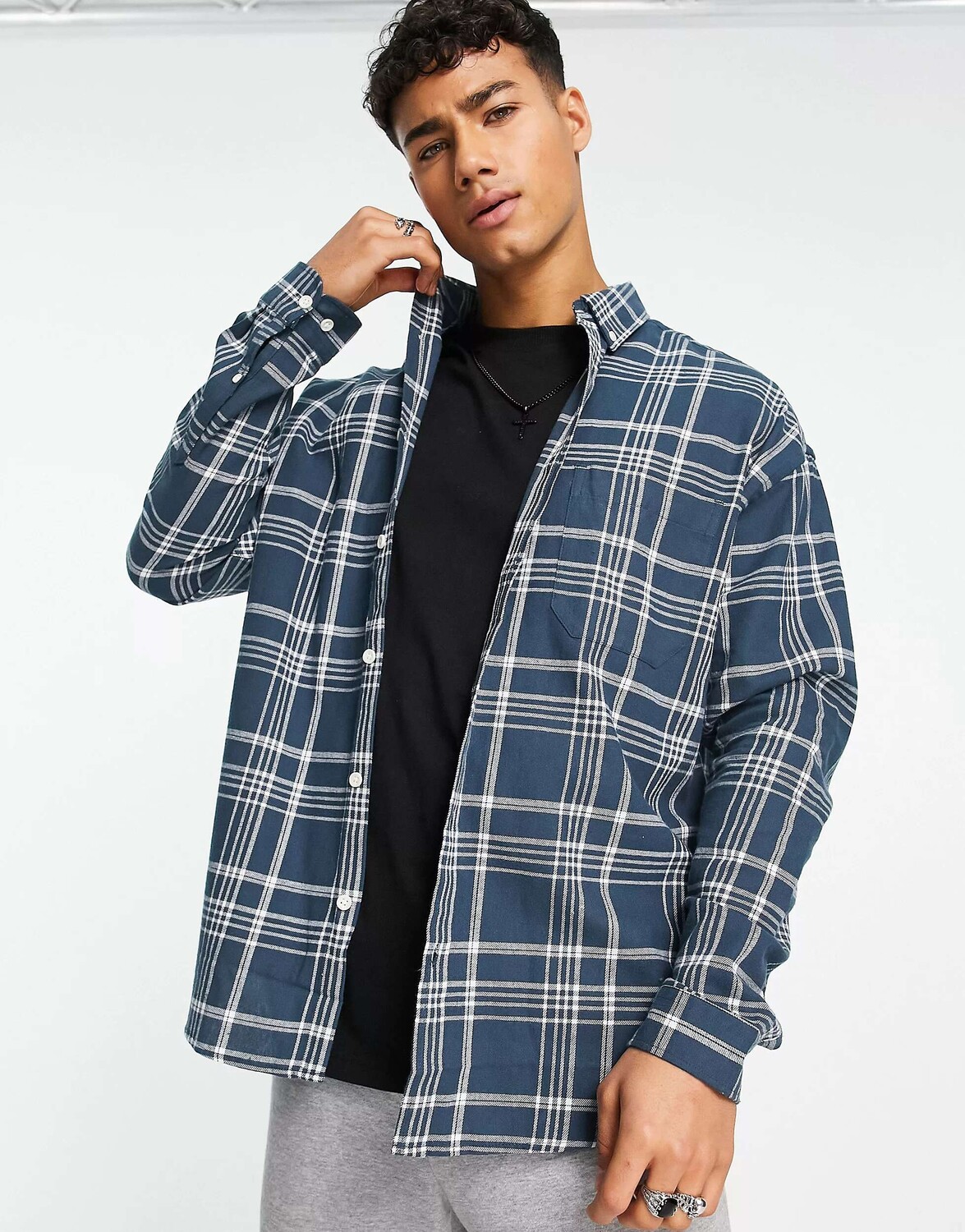 

Синяя рубашка оверсайз в клетку в стиле 90-х годов ASOS