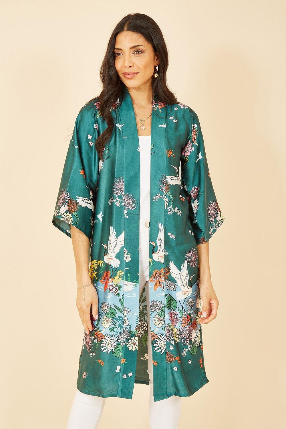 цена Зеленое атласное кимоно с каймой в виде журавля Yumi, зеленый
