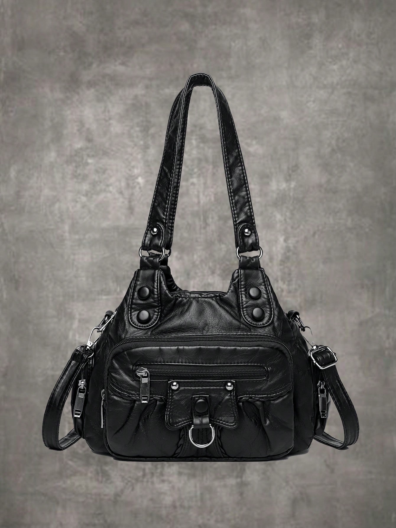 цена ROMWE Grunge Punk Средняя сумка на плечо в стиле панк Минималистичный дизайн на молнии для работы, черный